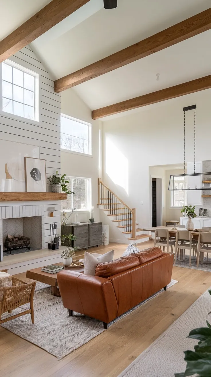 A minimalist contemporary farmhouse family room boasts a vaulted ceiling, fireplace, and open floor plan seamlessly connecting living and dining areas with rustic-chic wooden accents and comfortable leather seating