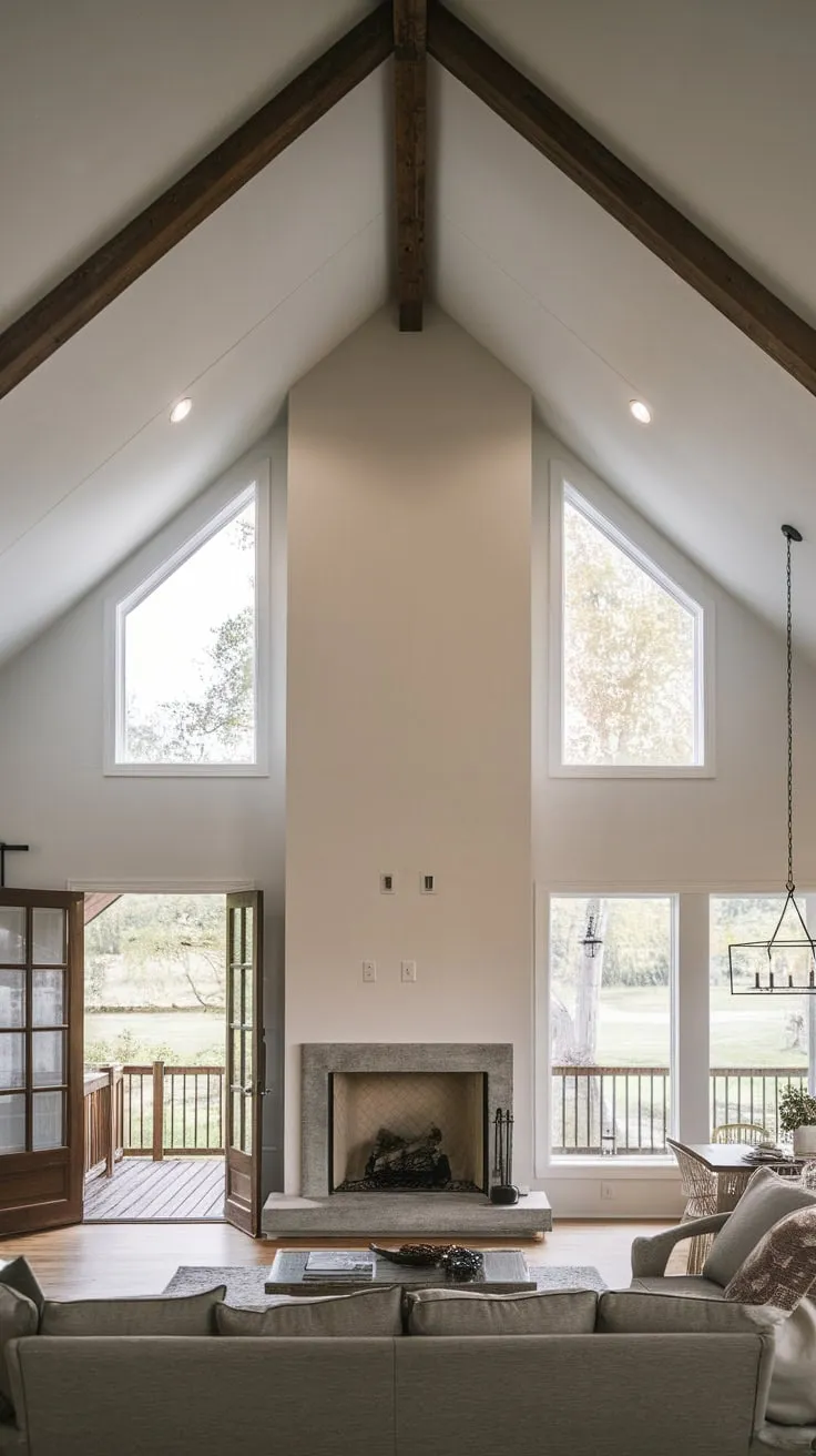 A spacious contemporary farmhouse family room features a stunning fireplace, vaulted ceilings, and seamless flow to the dining area and outdoor porch.