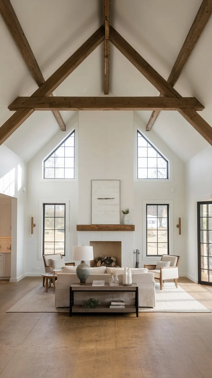A minimalist contemporary farmhouse living room boasts a vaulted ceiling, rustic beams, and a cozy fireplace focal point, creating an open and inviting family space
