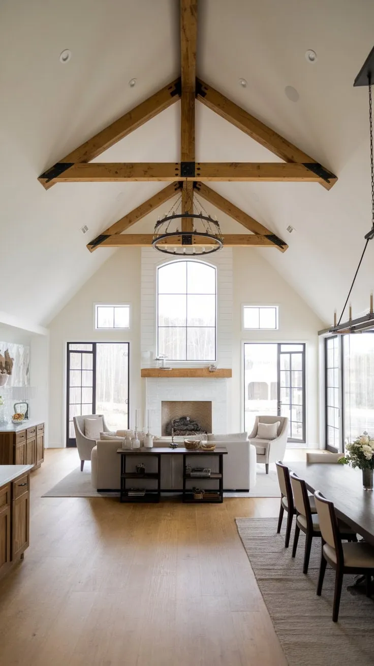 A spacious contemporary farmhouse family room boasts a vaulted ceiling, rustic charm, and minimalist furnishings, creating a welcoming open-plan living space.