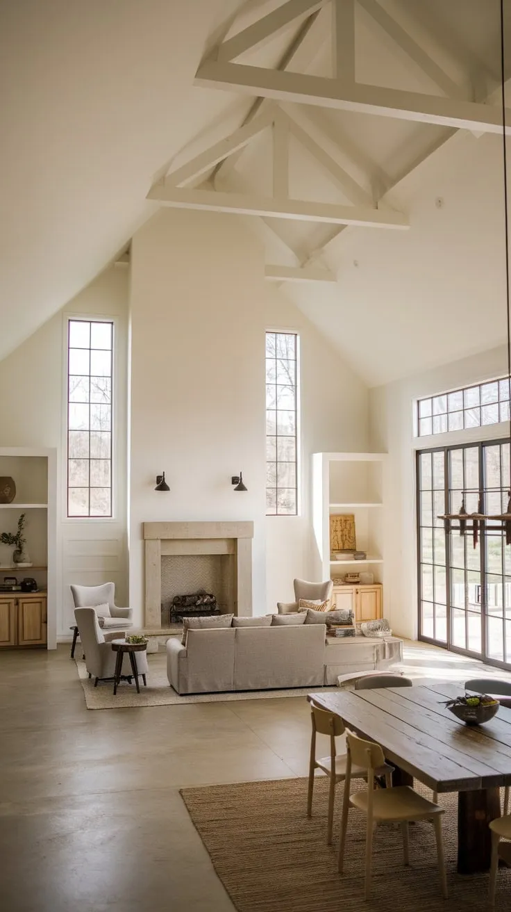 A contemporary farmhouse family room features a stunning fireplace, vaulted ceilings, and an open floor plan seamlessly connecting living and dining areas bathed in natural light.