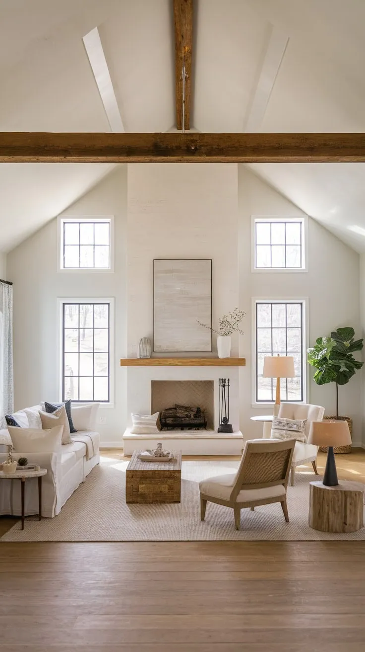 White walls and a wooden beam accentuate the airy feel of this inviting farmhouse family room with a stunning fireplace as its focal point.