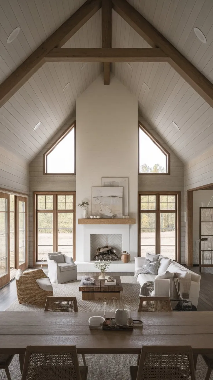 A contemporary farmhouse boasts a spacious, wood-clad family room with a vaulted ceiling, fireplace, and minimalist decor flowing seamlessly into the dining area