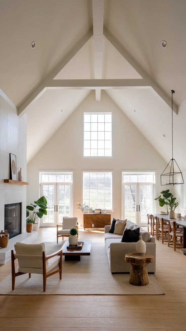 A spacious farmhouse family room boasts a vaulted ceiling, cozy seating, a large fireplace, and minimalist decor with natural elements, creating a welcoming and open atmosphere.
