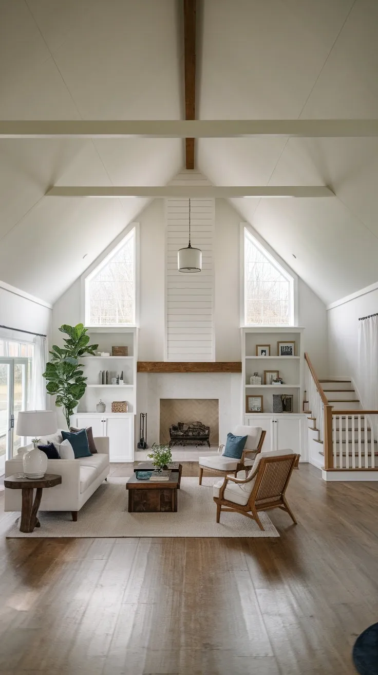 A minimalist farmhouse living room boasts a vaulted ceiling, grand fireplace, and wood floors, creating a spacious and inviting family gathering area.