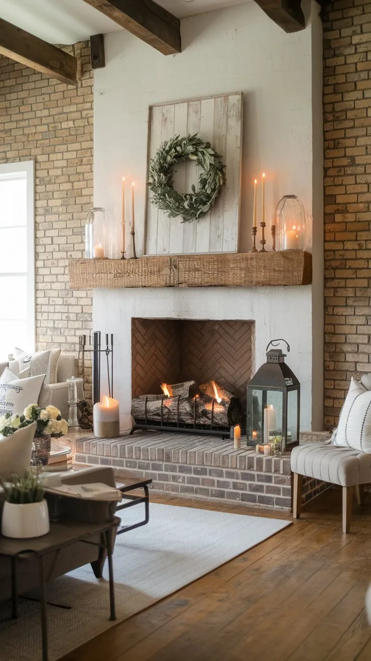 A large, inviting farmhouse fireplace, adorned with candles and a wreath, anchors a cozy living room with exposed brick and hardwood floors.