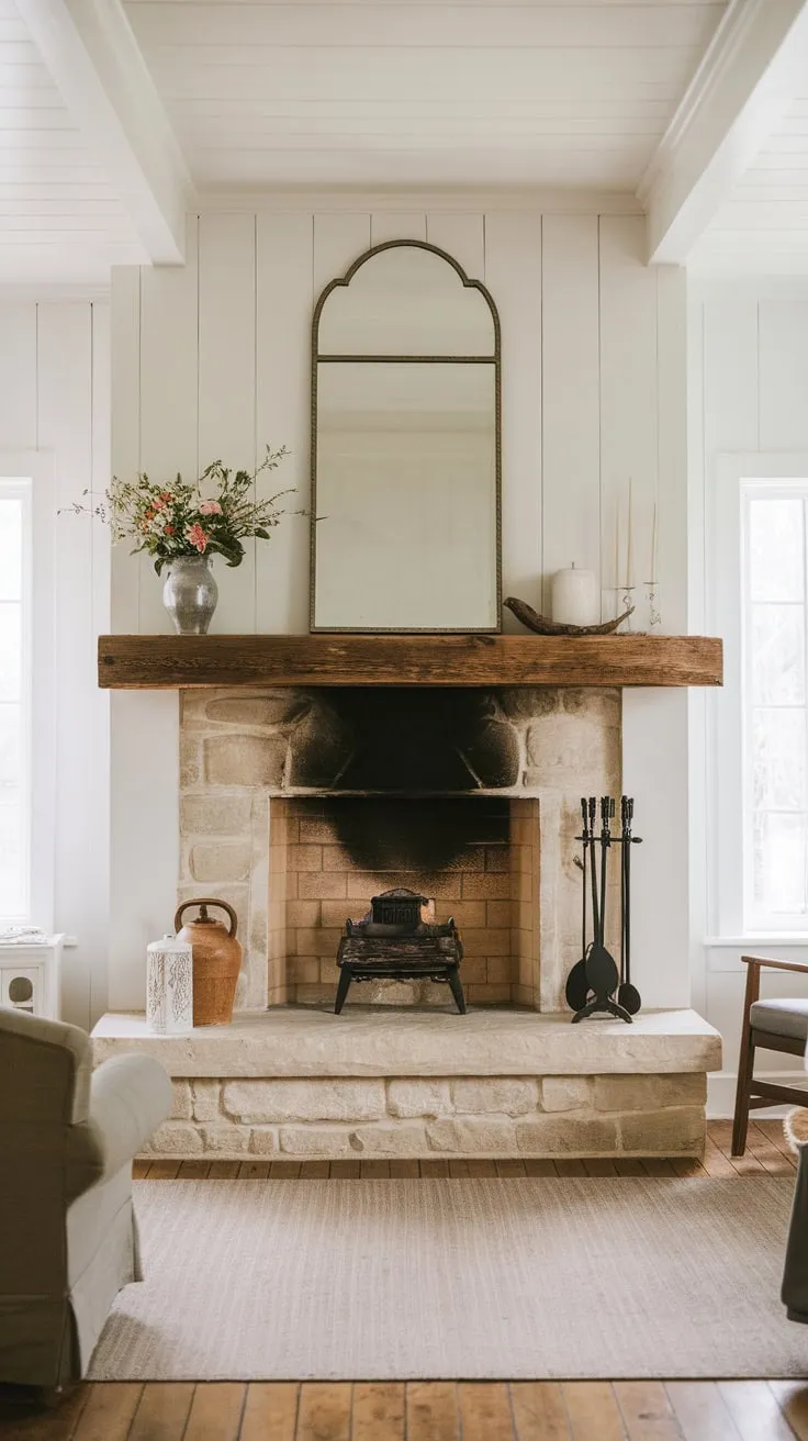A large, stone fireplace with a wooden mantelpiece anchors a cozy farmhouse living room, its beauty enhanced by simple decor.