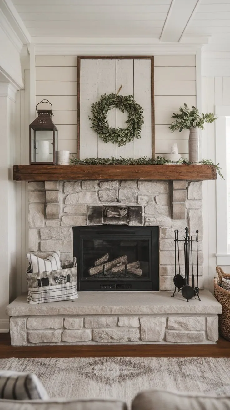 Warmth and charm fill the white-walled living room centered around a beautiful stone farmhouse fireplace with a wooden mantelpiece.