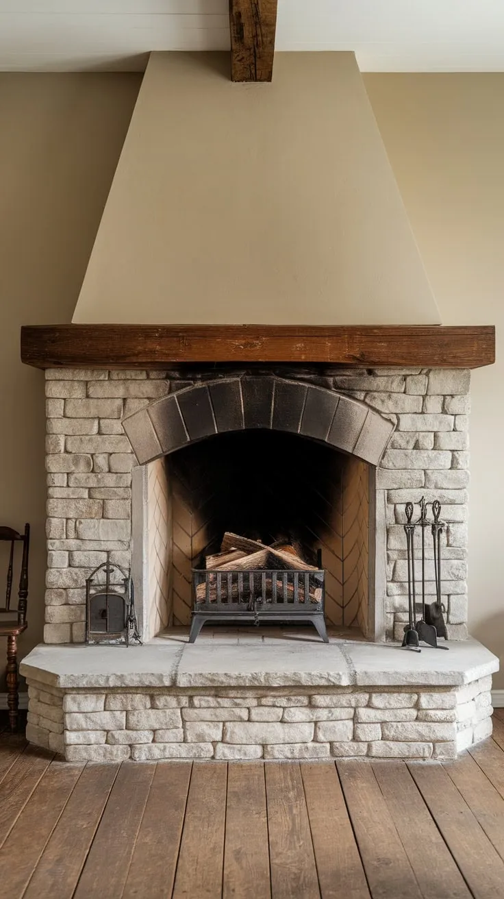 A large stone fireplace anchors a cozy farmhouse living room, its warmth radiating through the wooden beams and plank floors.