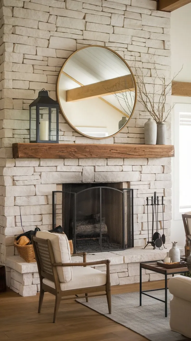 A charming farmhouse living room features a stone fireplace with a wooden mantel, adorned with a mirror and décor, creating a cozy atmosphere.