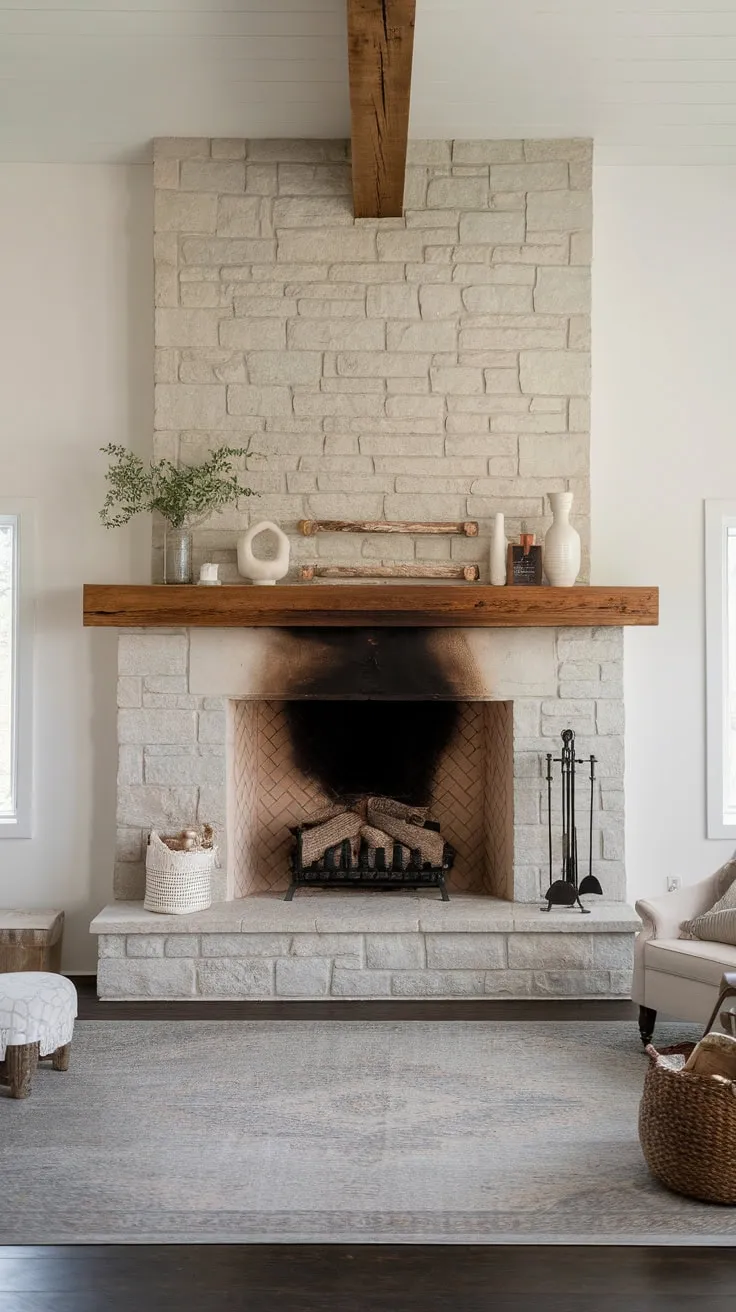 A cozy farmhouse living room features a substantial stone fireplace topped with a wooden beam, inviting warmth and comfort.