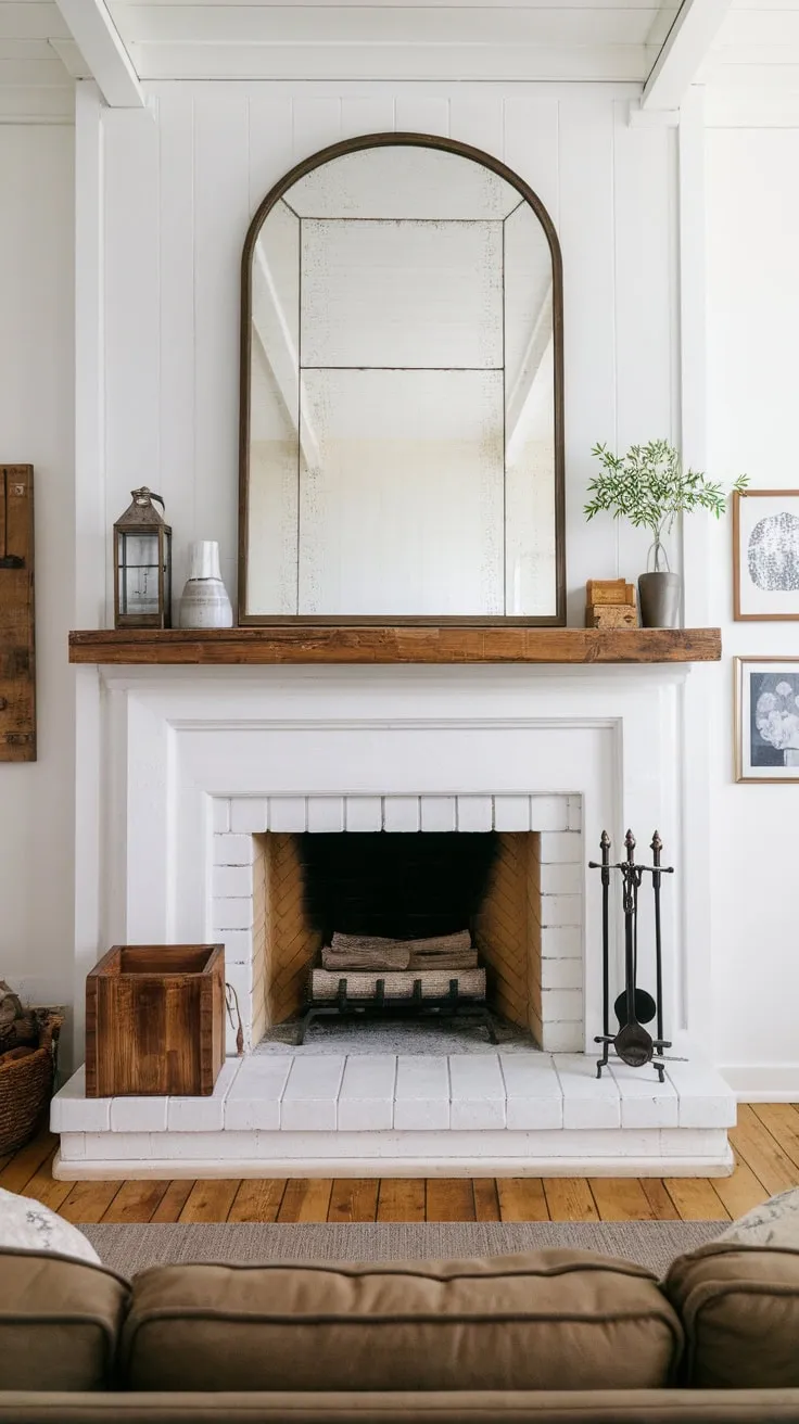 A charming farmhouse living room features a white fireplace with a wooden mantel, adorned with simple décor and a large mirror above.