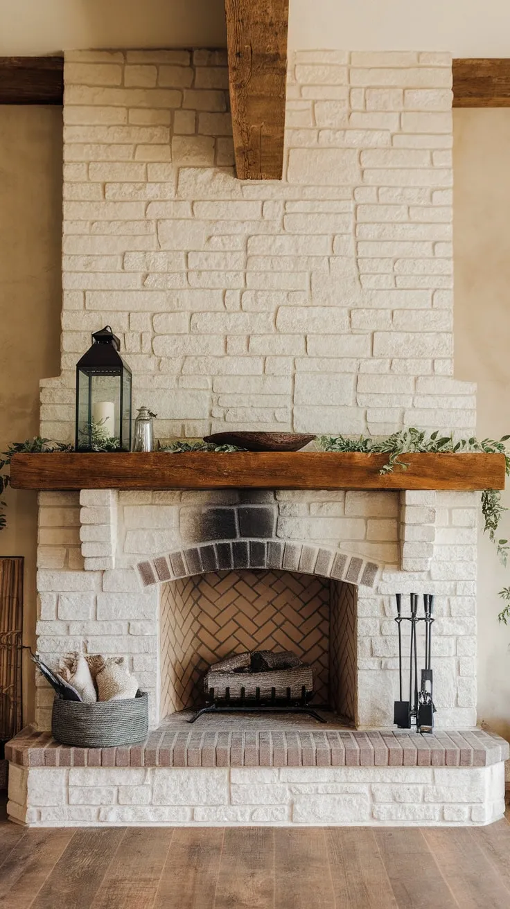 A large stone fireplace, crowned by a wooden beam and adorned with simple décor, anchors a warm farmhouse living room.