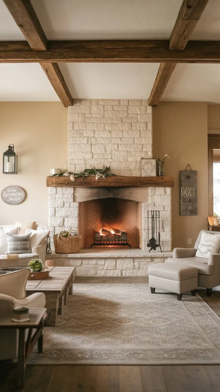 A large stone farmhouse fireplace anchors a warm, cozy living room, its wooden mantel and beam adding to the inviting atmosphere.