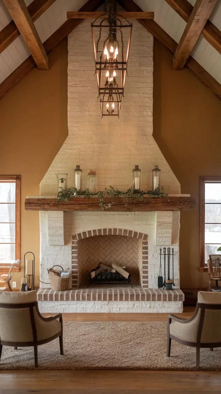 A large stone fireplace, adorned with a wooden mantel and lanterns, anchors a cozy farmhouse living room.