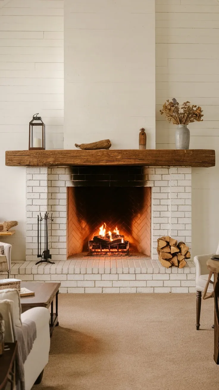 Warmth radiates from the large white-brick farmhouse fireplace, its wooden mantel adorned with simple décor.
