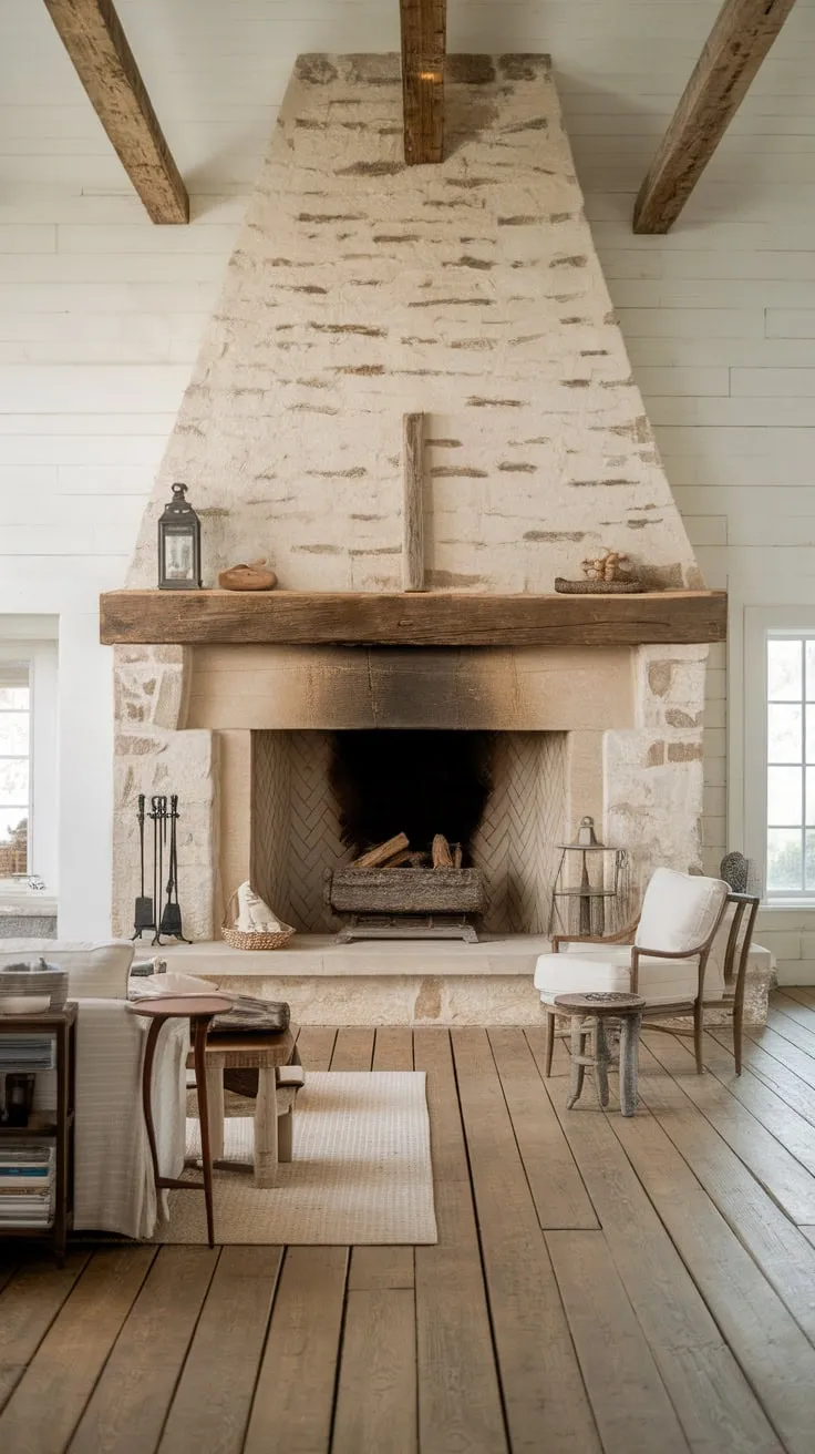 A large stone farmhouse fireplace anchors a cozy living room, its warmth enhanced by wood beams and simple furnishings.