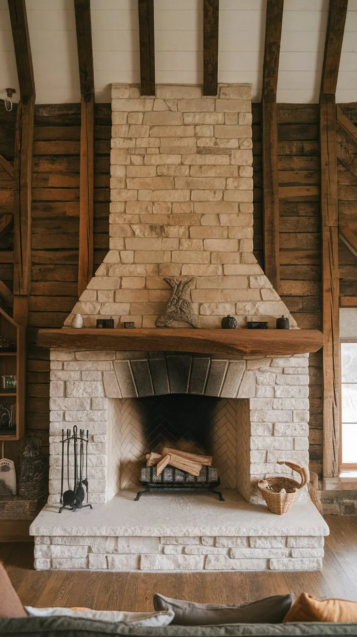 A stone farmhouse fireplace, crowned with a wooden mantel and decorative object, anchors a charming wood-beamed living room.
