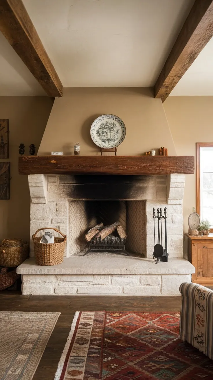 A large stone farmhouse fireplace, crowned with a wooden mantel and decorative plate, anchors a cozy beige living room.