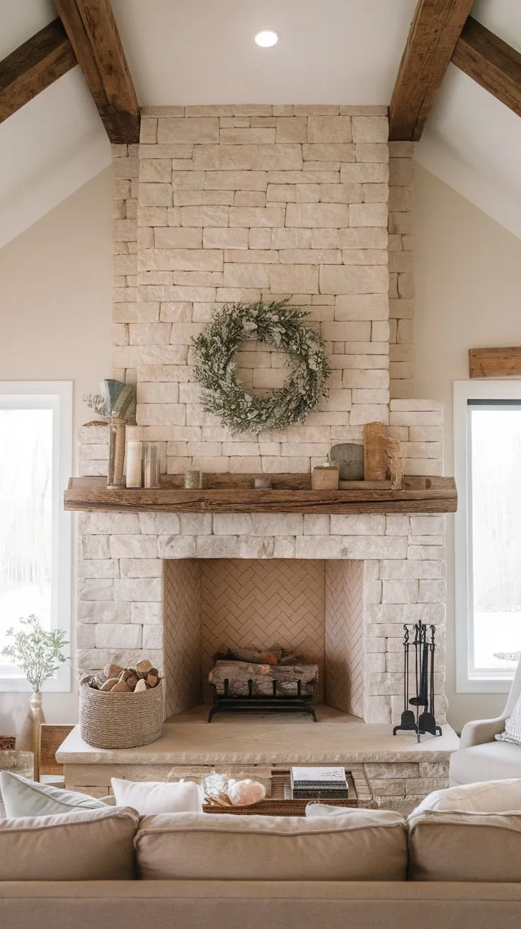 A large stone farmhouse fireplace, topped with a reclaimed wood mantel and festive wreath, anchors a cozy living room.