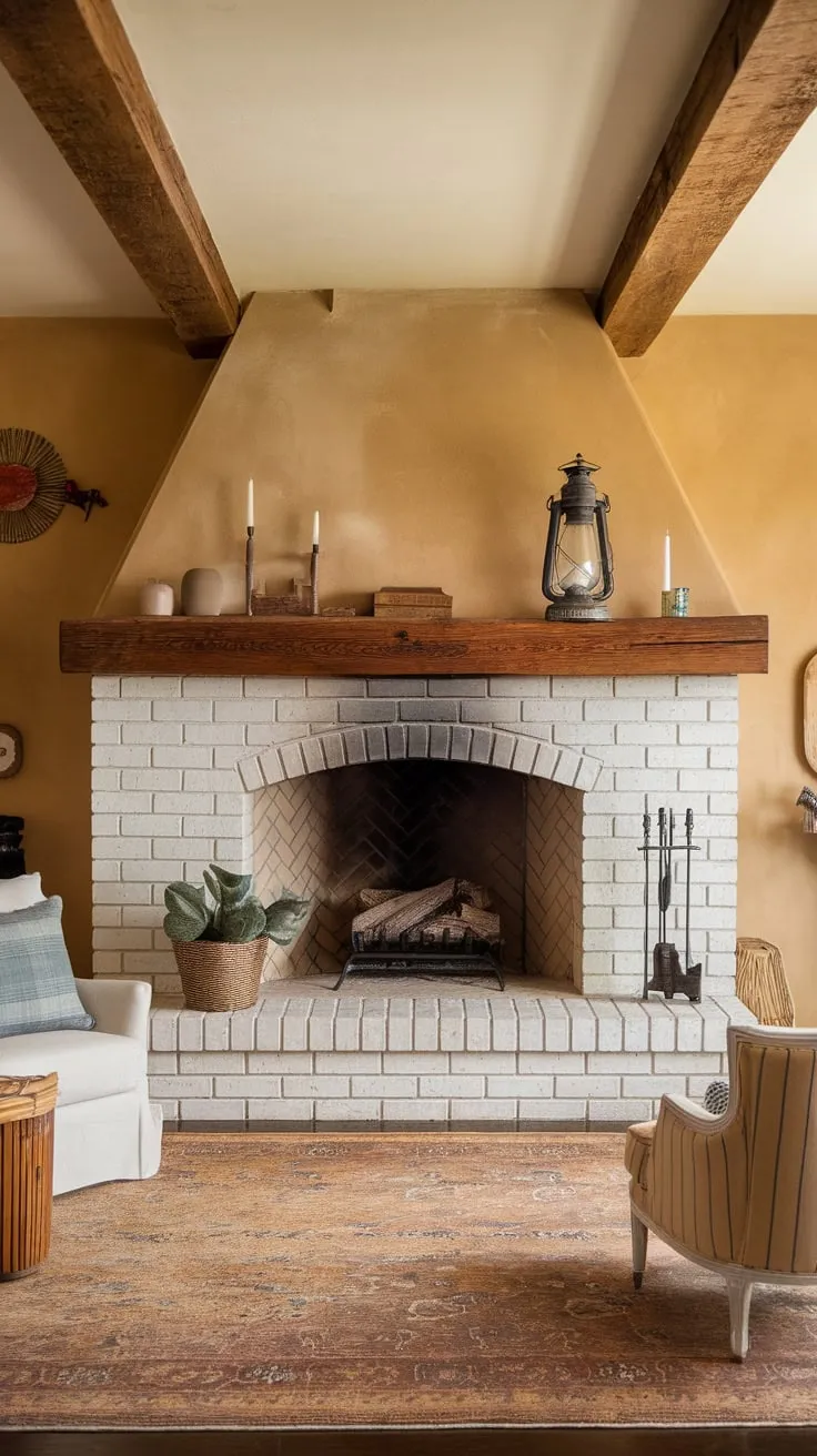 A cozy farmhouse living room features a stunning white brick fireplace, accented by a wooden mantel and vintage details.