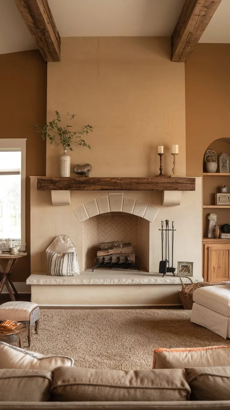 A cozy farmhouse living room centers around a large stone fireplace with a wooden mantel and beam, inviting warmth and comfort.