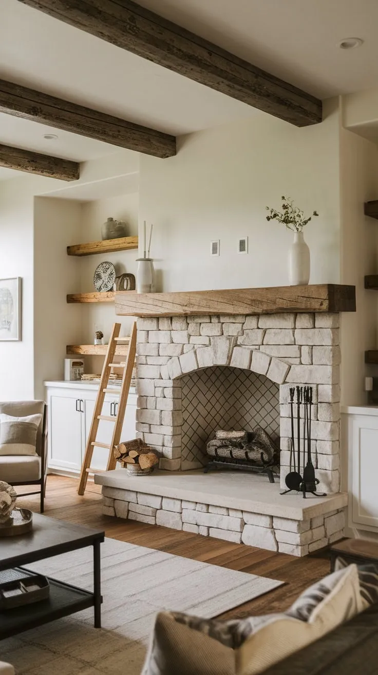 A charming farmhouse living room features a stone fireplace with a wood mantel, complemented by a wooden ladder and stacked logs.