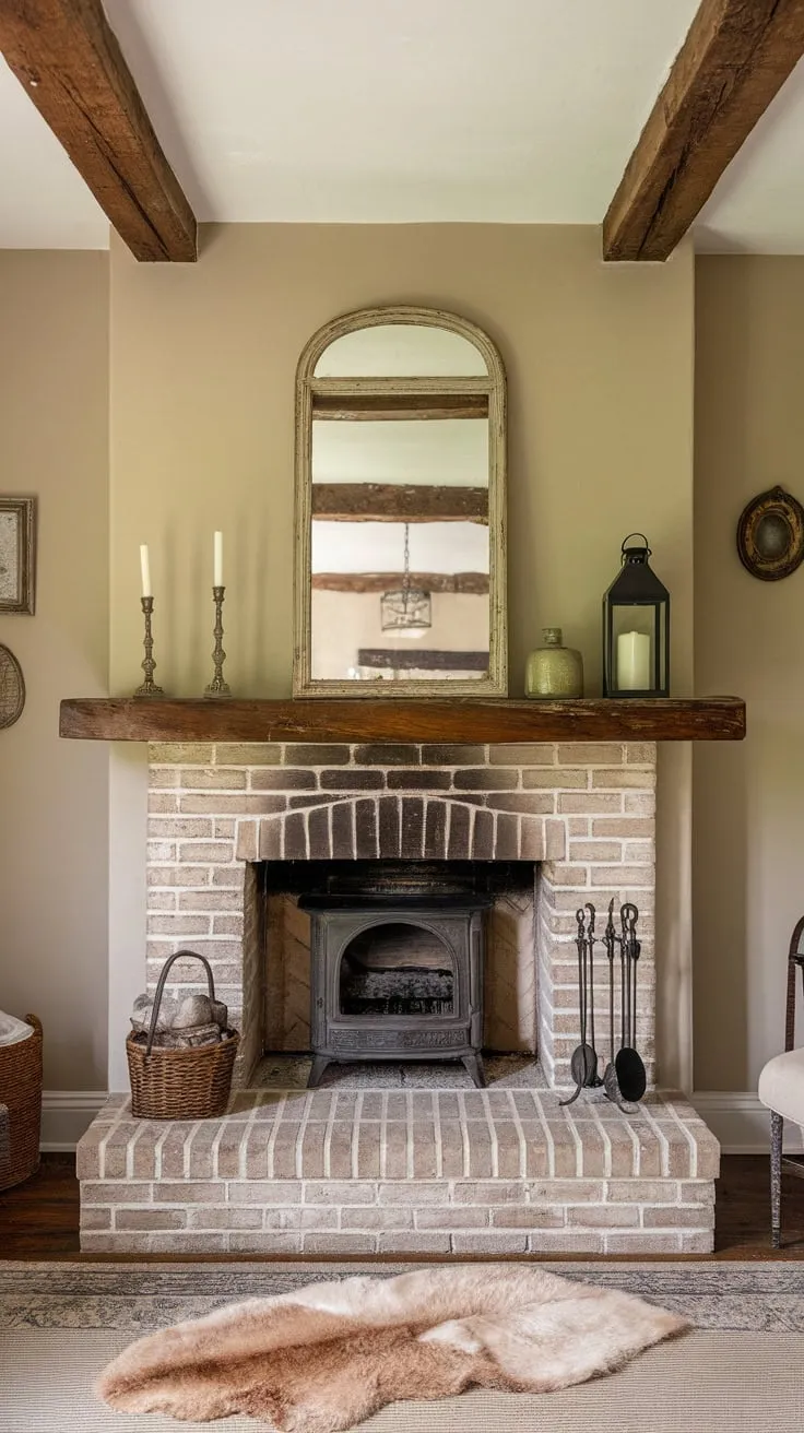 A cozy farmhouse living room features a brick fireplace with a wooden mantel, adorned with vintage accents and warmed by a sheepskin rug.