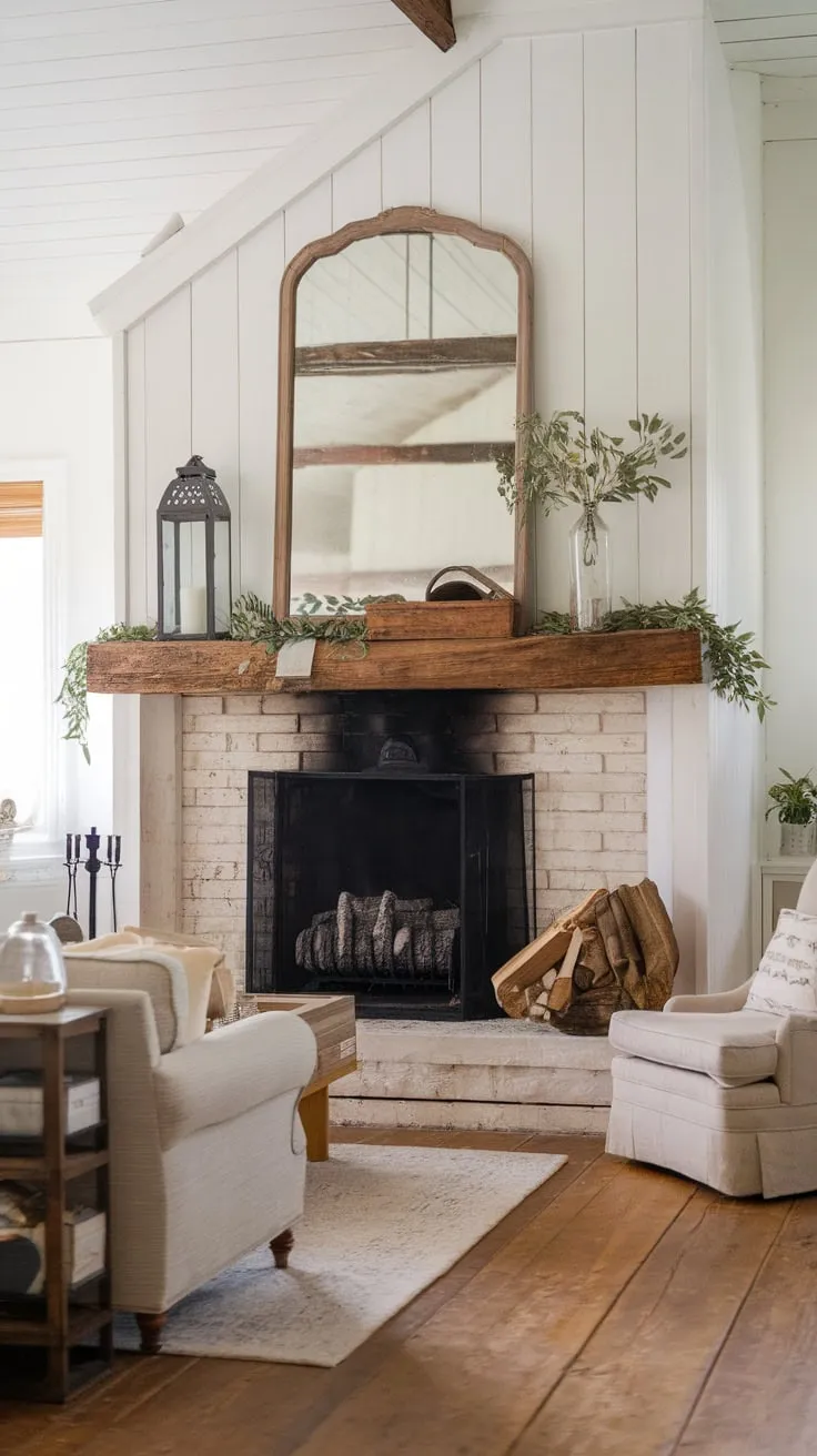 Cozy farmhouse charm fills the room, centered by a large fireplace with a wood mantel and inviting décor.