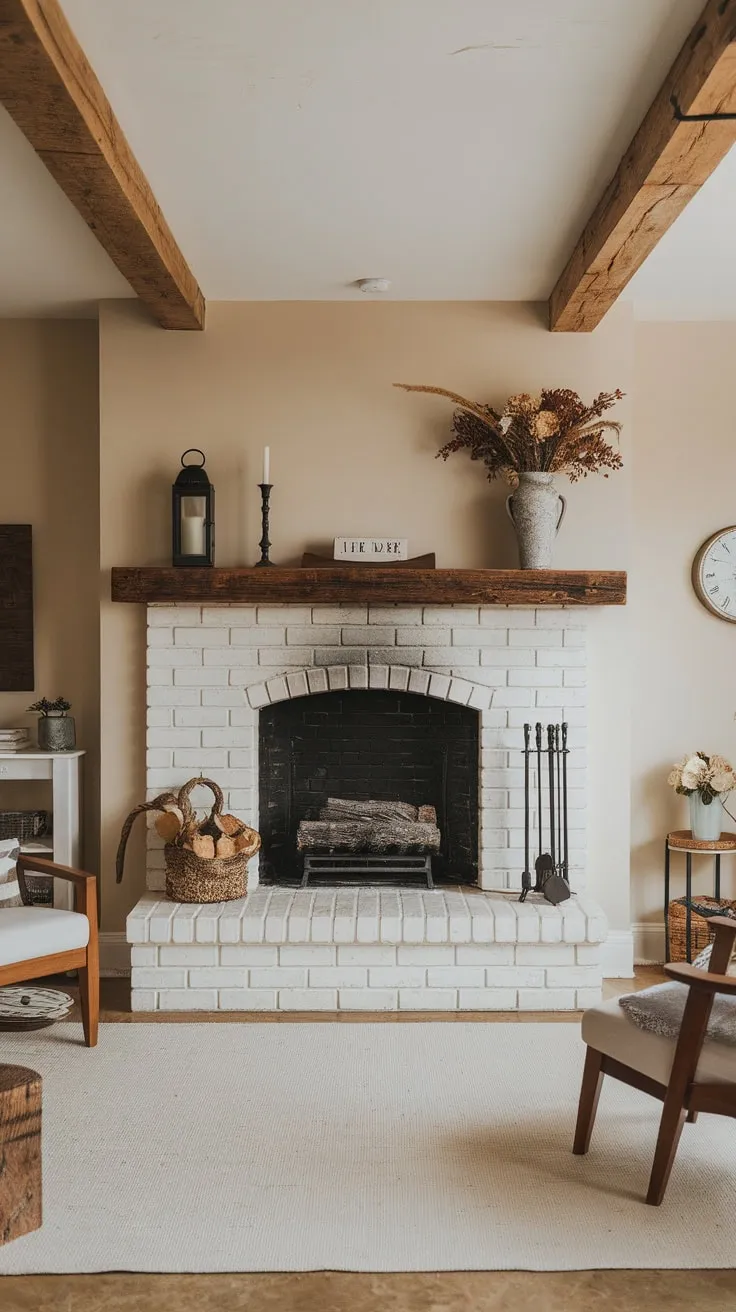 A charming farmhouse fireplace, framed by white brick and wooden beams, anchors a cozy living room.