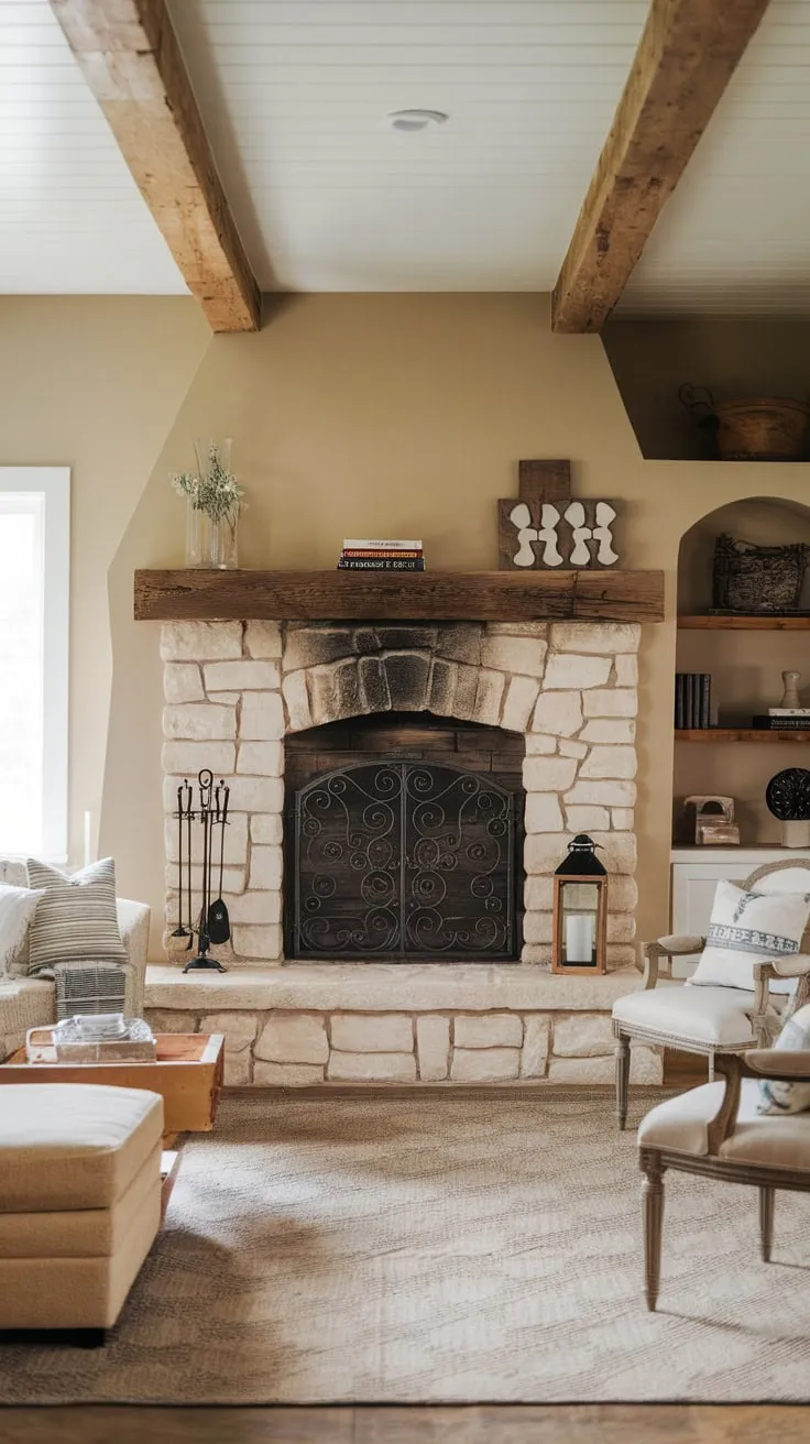 A stone fireplace with a wrought iron door anchors a cozy farmhouse living room, complemented by wooden beams and charming décor.