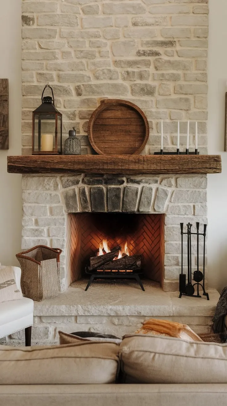 A cozy farmhouse living room features a stone fireplace, perfect for displaying décor and warming the inviting seating area.