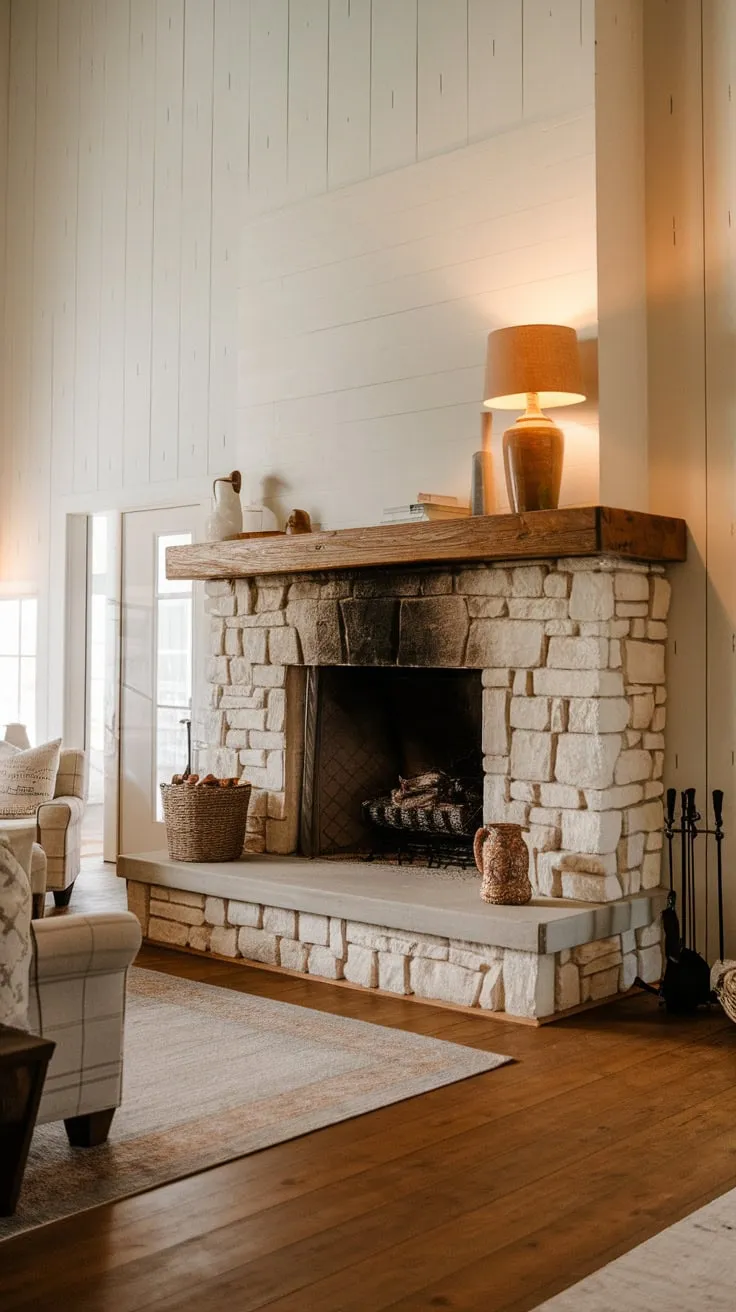 Warm light illuminates a cozy farmhouse living room centered around a magnificent stone fireplace with a wooden mantel.