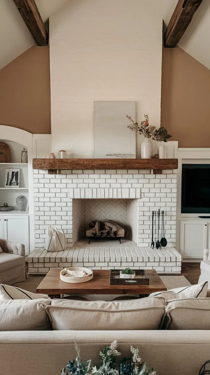 A stately whitewashed fireplace, complete with wooden mantel and beam, dominates a beige farmhouse living room, exuding cozy charm.