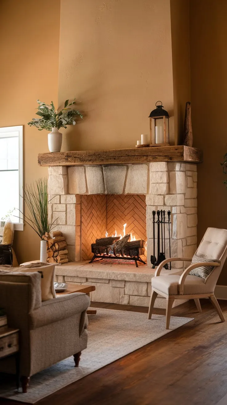 Warm beige walls and a wood floor complement a large stone fireplace with a wooden mantel, creating a cozy farmhouse living room.