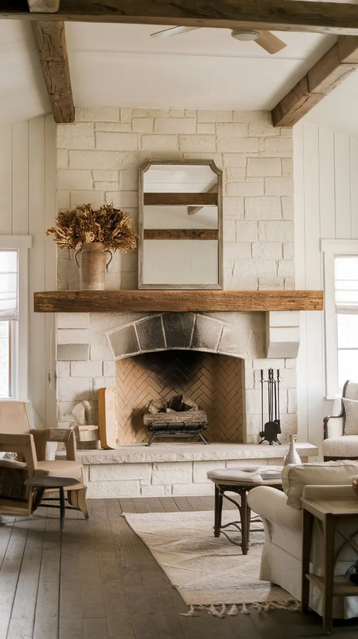 A large stone farmhouse fireplace, adorned with a wood mantel and mirror, anchors a charming whitewashed living room.