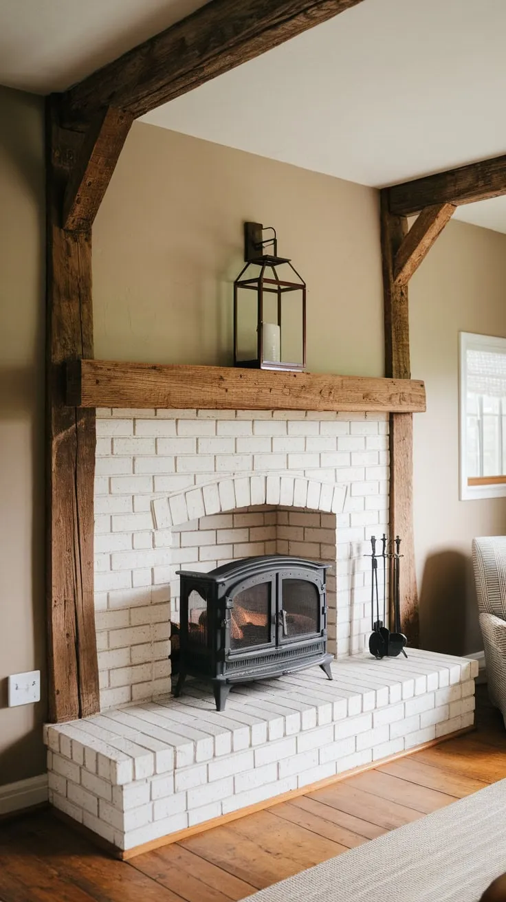 Cozy farmhouse charm fills a beige-walled living room centered around a white brick fireplace with wooden beams and a black grate.