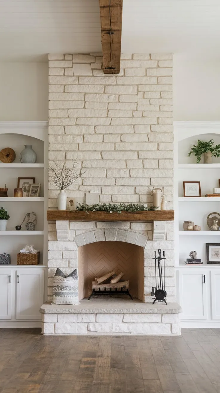 A grand stone farmhouse fireplace, adorned with a wooden mantel and shelves, anchors a charming white-walled living room.