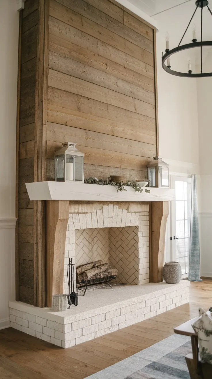 A grand wooden farmhouse fireplace, adorned with a white mantel and charming décor, anchors a spacious living room.