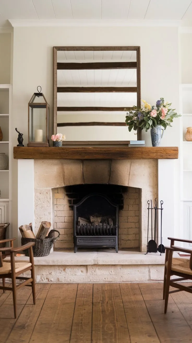 A wood-mantled stone fireplace anchors a bright white farmhouse living room, creating a cozy and inviting atmosphere.