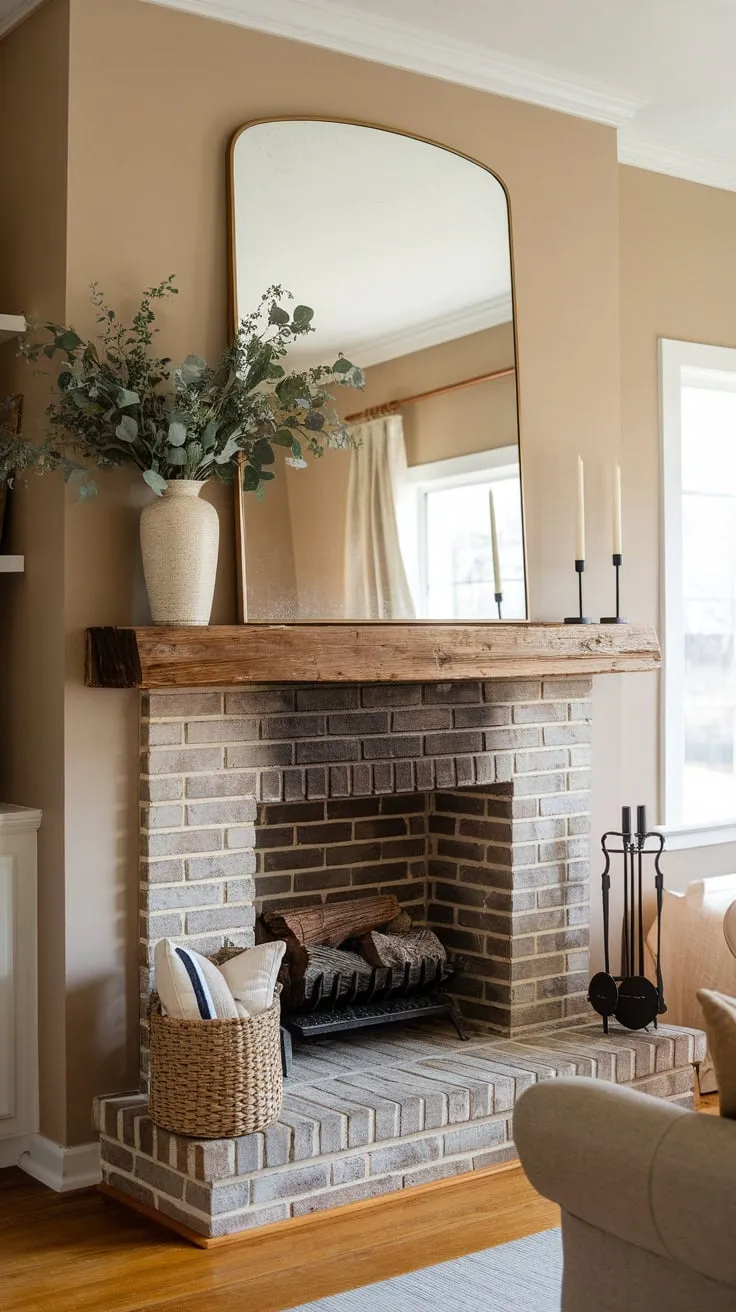 Warmth and charm fill the farmhouse living room, centered by a brick fireplace with a wooden mantel and inviting décor.