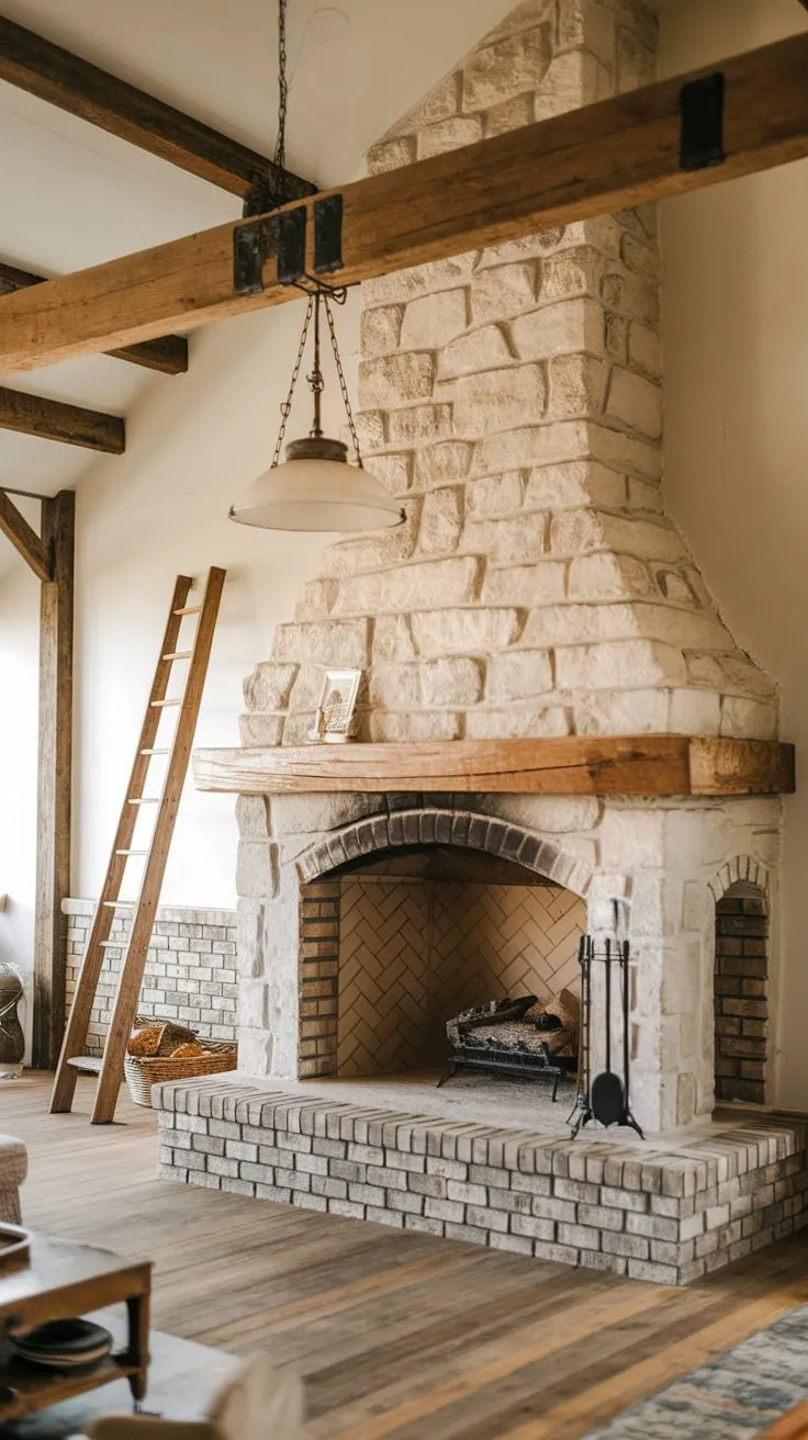 A grand stone farmhouse fireplace, crowned with a wooden mantel and beam, anchors a charming living room.