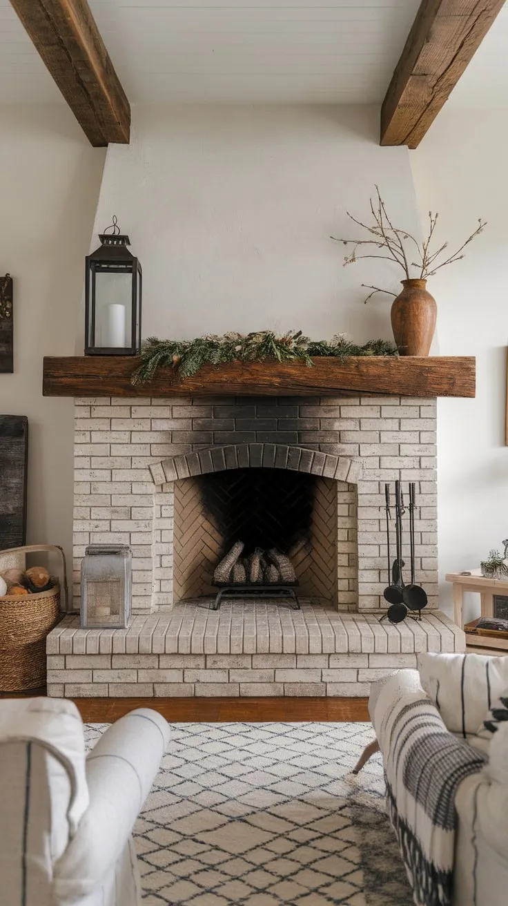 A cozy farmhouse living room features a brick fireplace, a substantial wooden beam, and charming mantel décor.