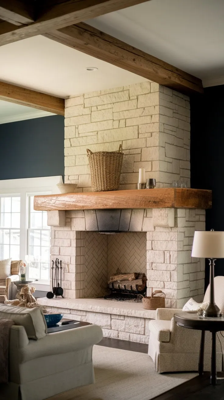 A large stone fireplace with a wooden mantel anchors a charming farmhouse living room.