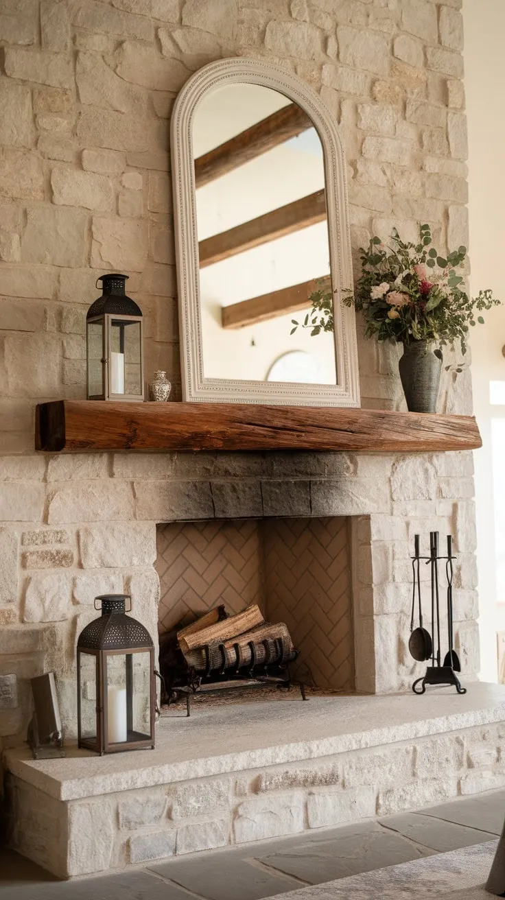 A grand stone fireplace, complete with wooden mantel and charming accents, defines this farmhouse living space.