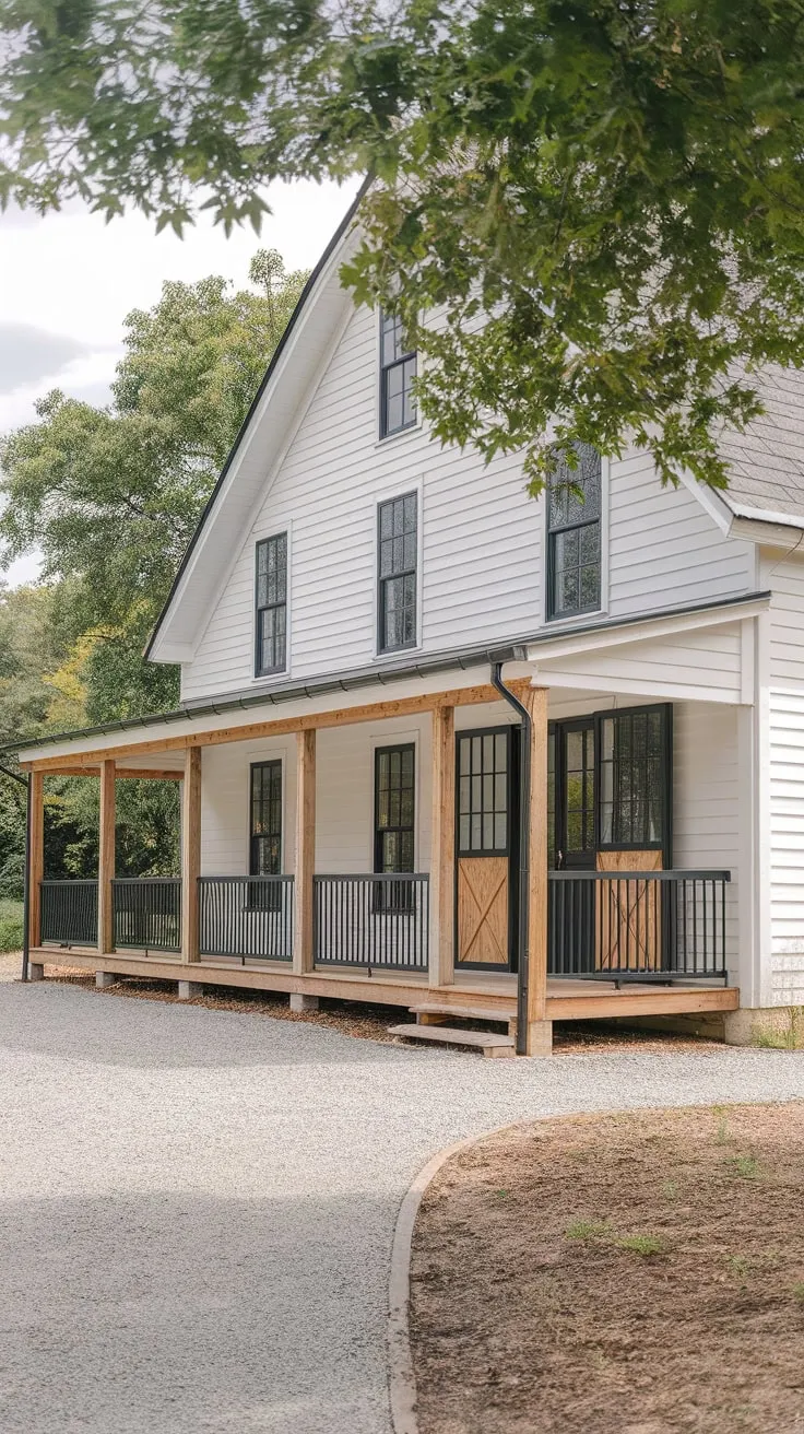 Inviting White Farmhouse Featuring a Cozy L-Shaped Porch