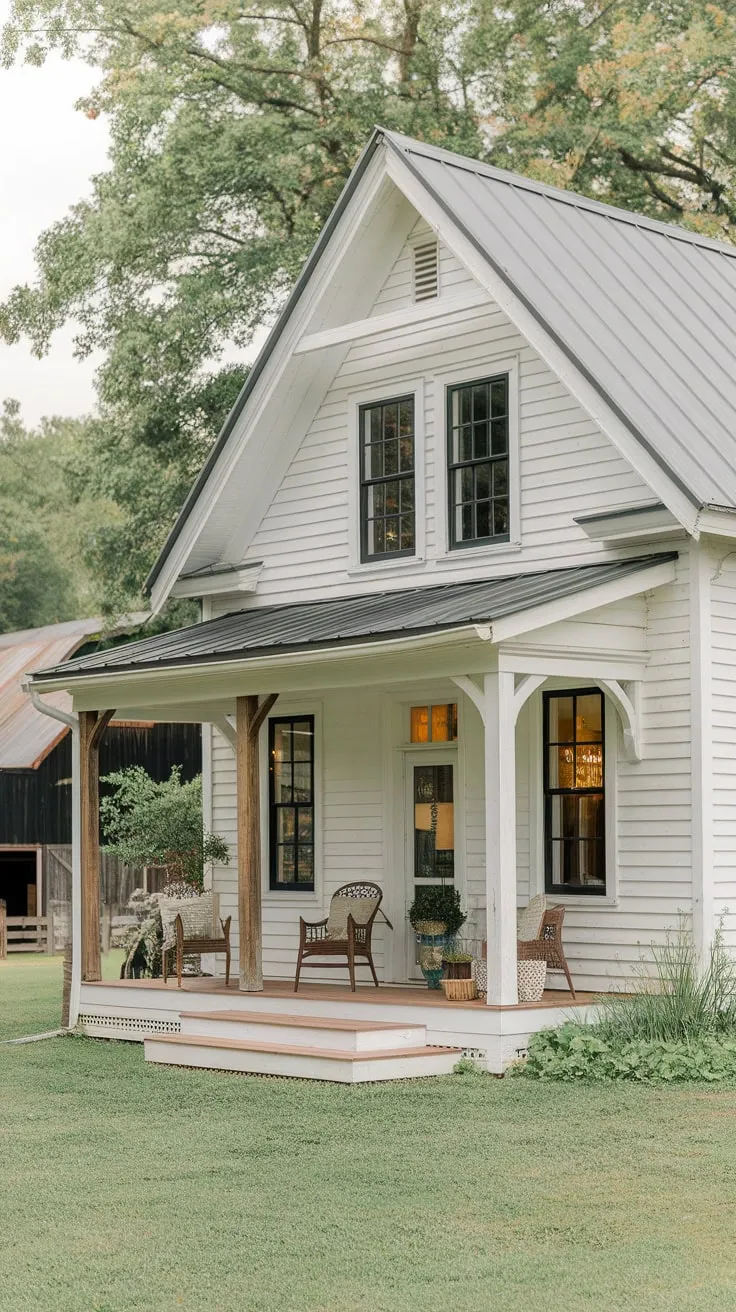 Cozy White House with Inviting L-Shaped Porch