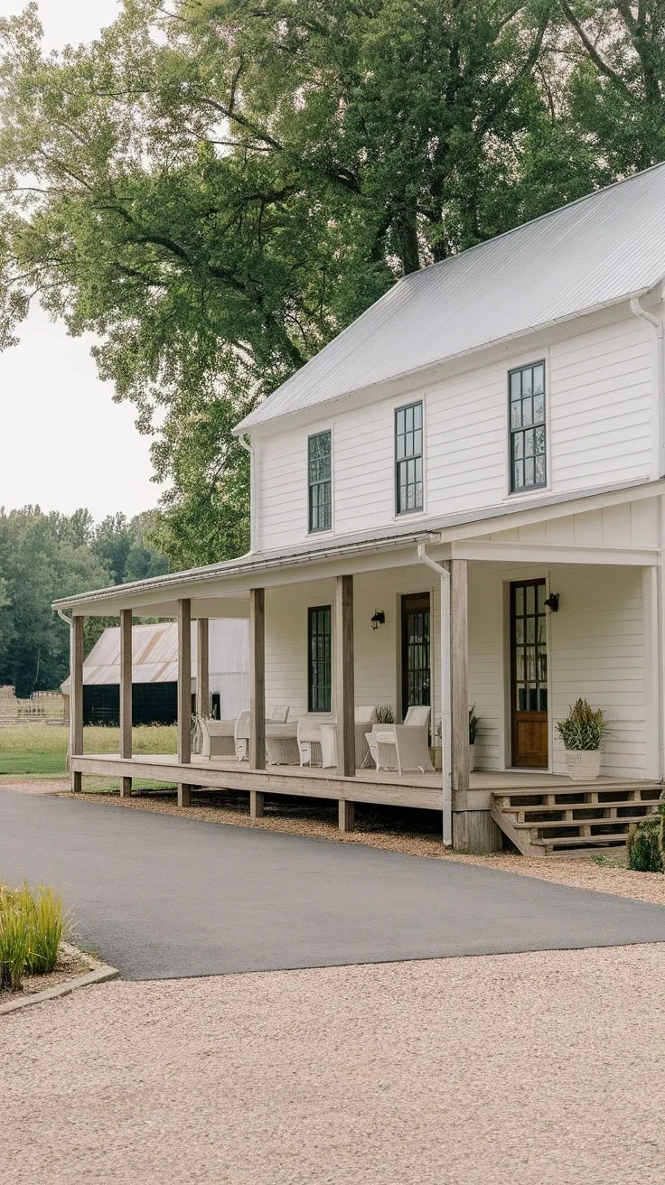 Serene Farmhouse Retreat Featuring a Cozy Front Porch