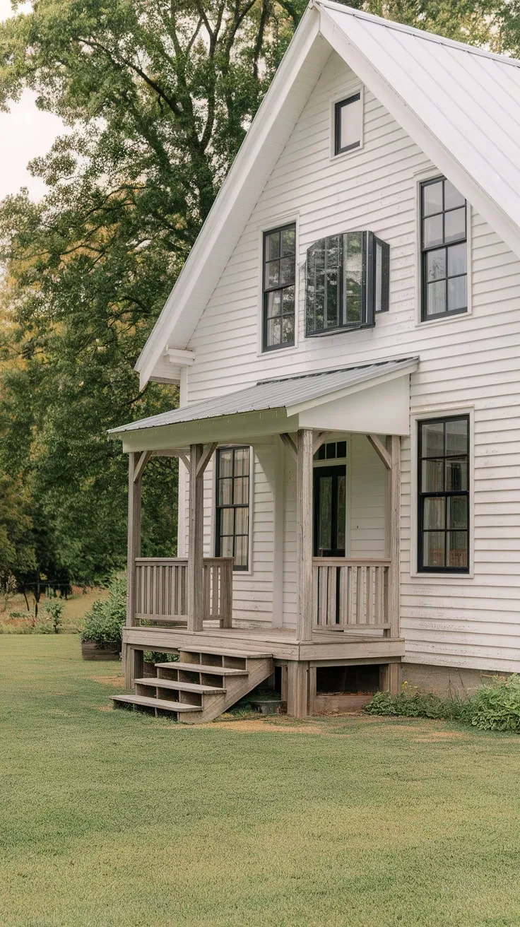 Charming White Farmhouse with L-Shaped Porch