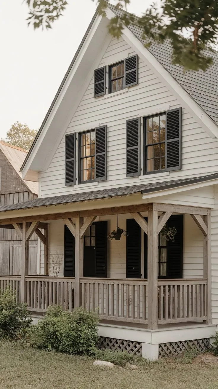Cozy White Farmhouse with Black Accents and Rustic Charm